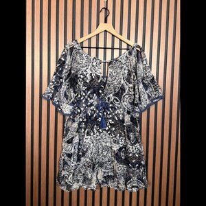 Free People Mini Dress Blue Abstract Floral Boho Tassel Pockets Lace Trim
